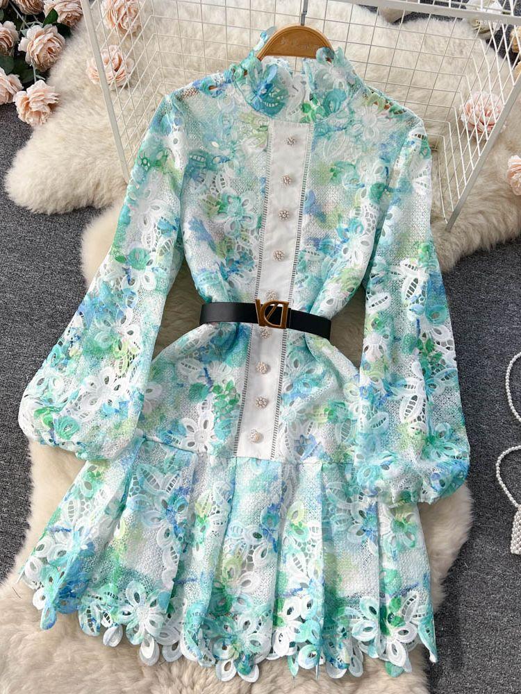 

Casual Dresses Women Fashion Dress Emboridery Hollow Out Lace Patchwork Stand Collar Long Sleeve Spring Autumn Slim Fit Mini For Lady, Green