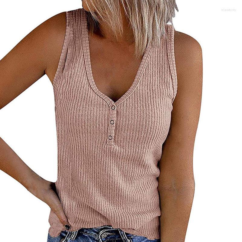 

Women's Tanks Summer Solid Color Knitted Vest Women Casual Sleeveless Button U-Neck Crop Tops Ladies Pullover All-Match Tank, Pink