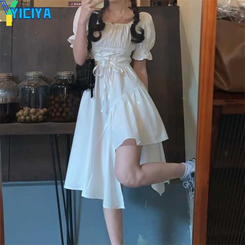 

YICIYA HOUZHOU Women' White Dress Autumn Elegant Vintage Kawaii Puff Sleeve Midi Square Collar Bandage Sundress Goth Outfits, Black