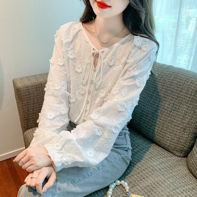 

Women' Blouses Spring Long Sleeve Blouse Women French Office Lady Embroidered Shirt Tops Blusas Mujer De Moda Shirts F2308, White