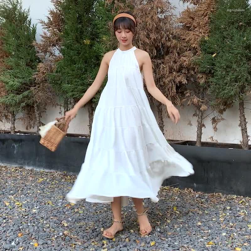 

Casual Dresses Summer Long Dress A-Line Black Sexy Halter 2023 White Sundress Vacation Clothes For Women