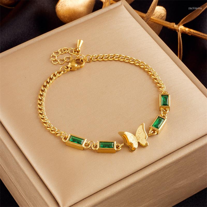 

Link Bracelets 316L Stainless Steel Simple Green Square Zircon Butterfly Splice Chain Women's Bracelet Pulceras Y Brazaletes Mujer