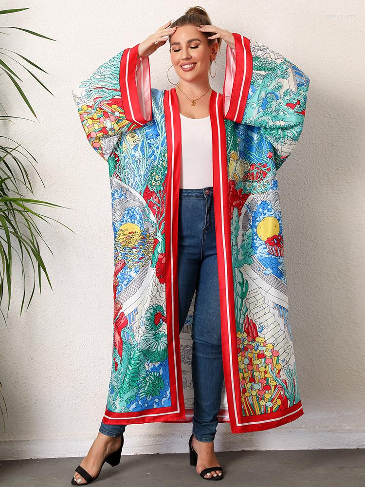 

Casual Dresses Bohemian Printed Long Kimono Dress Plus Size Batwing Sleeve Autumn 2023 Women LOOSE Beach Wear Midi Sarong A2233, Khaki