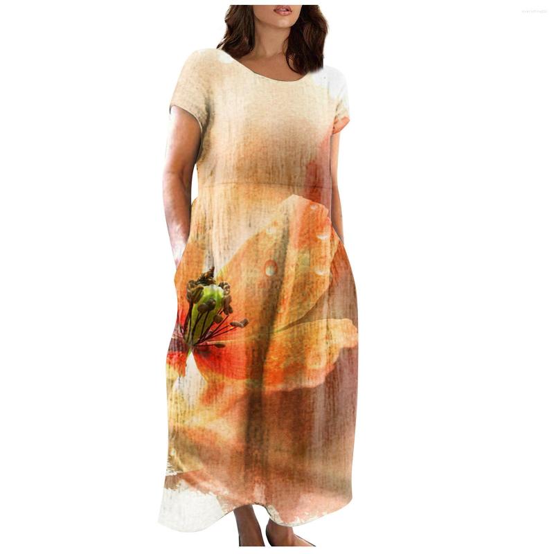 

Casual Dresses Elegant Long For Women 2023 Summer Fashion Round Neck Flower Printed Short Sleeve Dress Vestidos Para Mujer, Gray