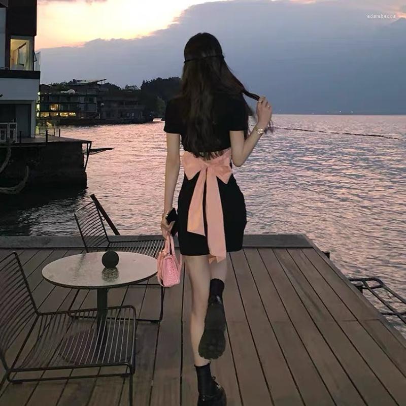 

Party Dresses Short Sleeve Women Sexy Sweet French Style Summer Temperament Bow Black Basic Design Students Vestido Feminino Ulzzang
