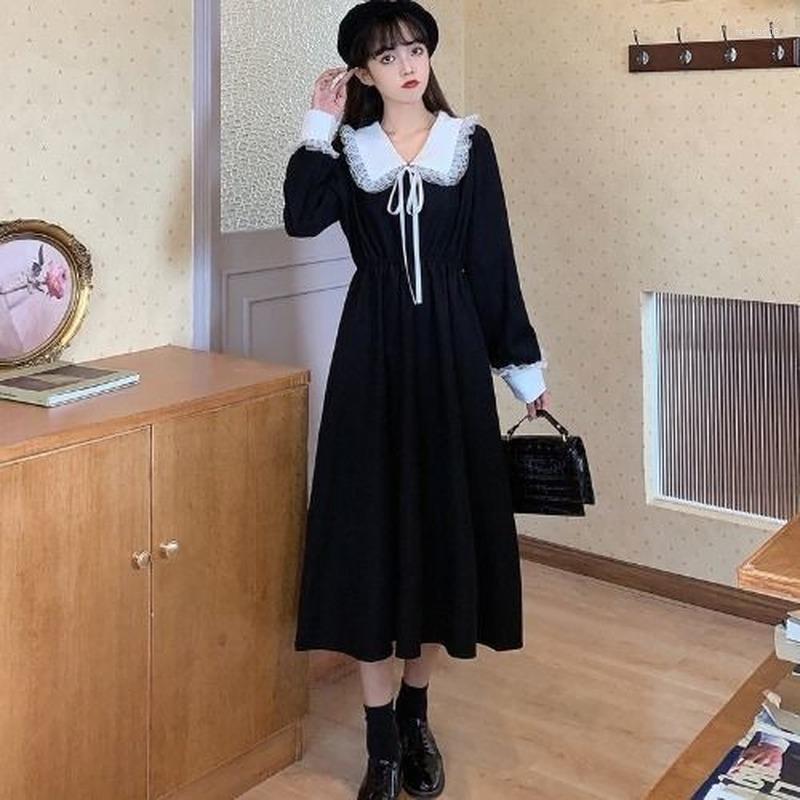 

Casual Dresses Vintage Shirt Dress Women 2023 Autumn Spring Long Sleeve Robe Kawaii Lolita Elegant Midi Korean Fashion Vestido, Black