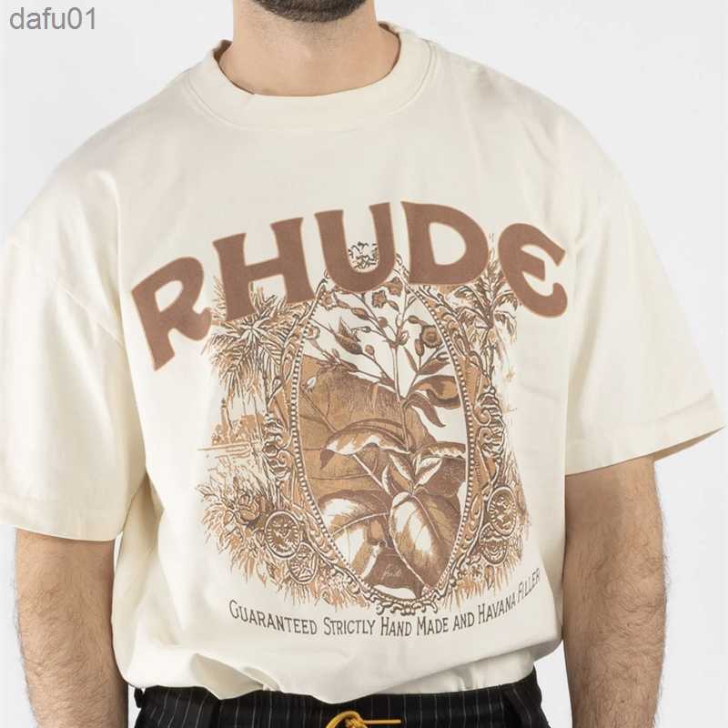 

Men's T-Shirts 2023 RHUDE Summer Cotton Flower Slogan Print Couple 1 1 Short Sleeve T-Shirt White S-XL L230520, 27
