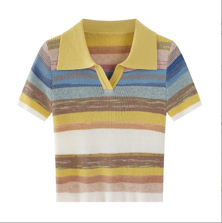 

516 L 2023 Summer Sweaters Women' Pullover Sweater Blue Pink Lapel Neck Short Sleeve Brand Same Style Women' xiurong, Yellow