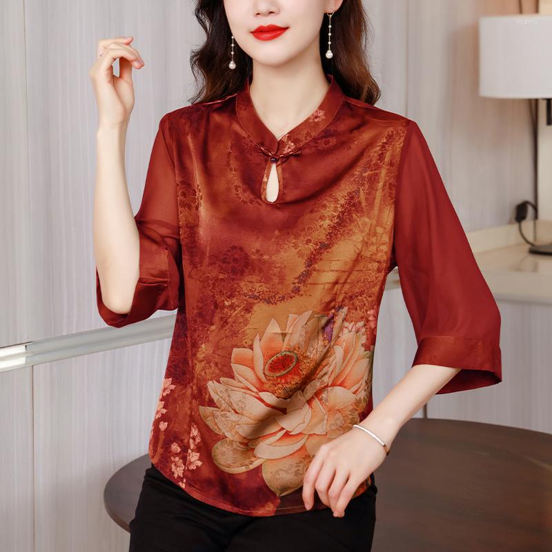 

Women's Blouses 2023 Summer Chinese Improved Hanfu Tang Suit Top Women High-end Imitated Silk Flower Printed Bouse Female Loose Blusas Mujer, Green