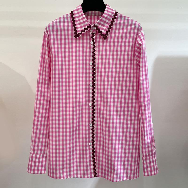 

Women' Blouses 2023 Elegant Cotton Pink Plaid Shirt Fashion Wavy Webbing Patchwork Single Breasted Long Sleeve Blouse Runway Women White