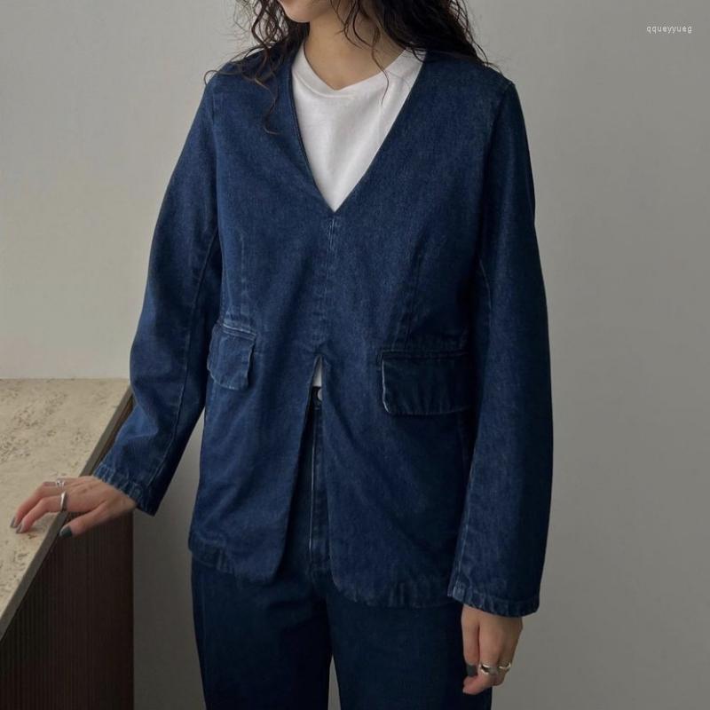 

Women' Blouses Denim Shirt Spring And Summer Dark Blue Loose V-neck Top Women