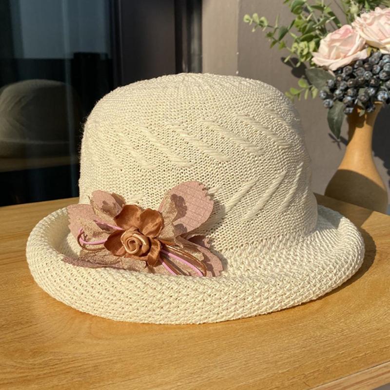 

Wide Brim Hats Beautiful Fisherman Hat Flower Decor Lightweight Knitted Women Anti-UV Lady Sun Cap For Adult, Khaki