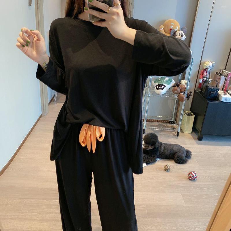 

Women's Sleepwear Skin Friendly Women's Pajamas Set Home Clothes Loose Simple Korean Long Sleeved Nightgown Lady Nightwear Sleep Tops, Black