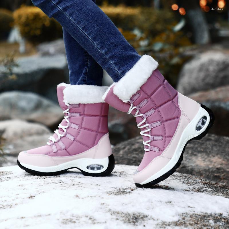 

Boots Women Snow Cotton Shoes PU Thick Warm Non Slip Round Shape Flat Large Size High Gang, Red