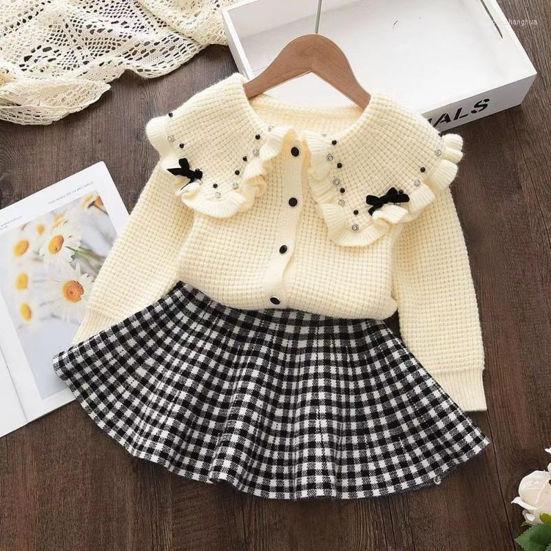 

Clothing Sets Kids Girls Long Sleeve Sweaters Fashion Wear Knitted Cardigan And Skirt Winter Suit For Children Baby Girl, Rice white