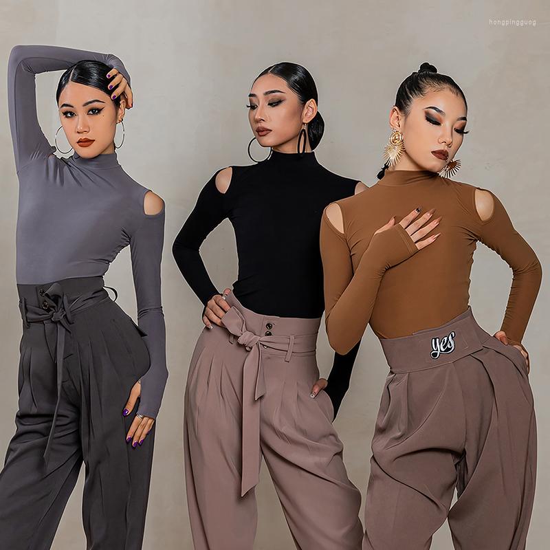 

Stage Wear High Collar Latin Dance Tops For Women Long Sleeves Practice Clothes Rumba Samba Modern Ballroom Dancewear Black BL9533, Grey tops