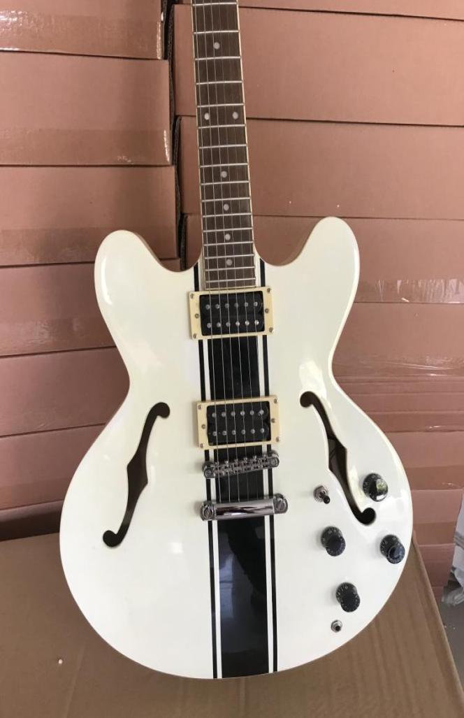 

Custom Shop ES 333 Tom Delonge Signature Semi Hollow Body White Black Stripe Jazz Electric Guitar Double F Holes Dot Inlay Grove7601235