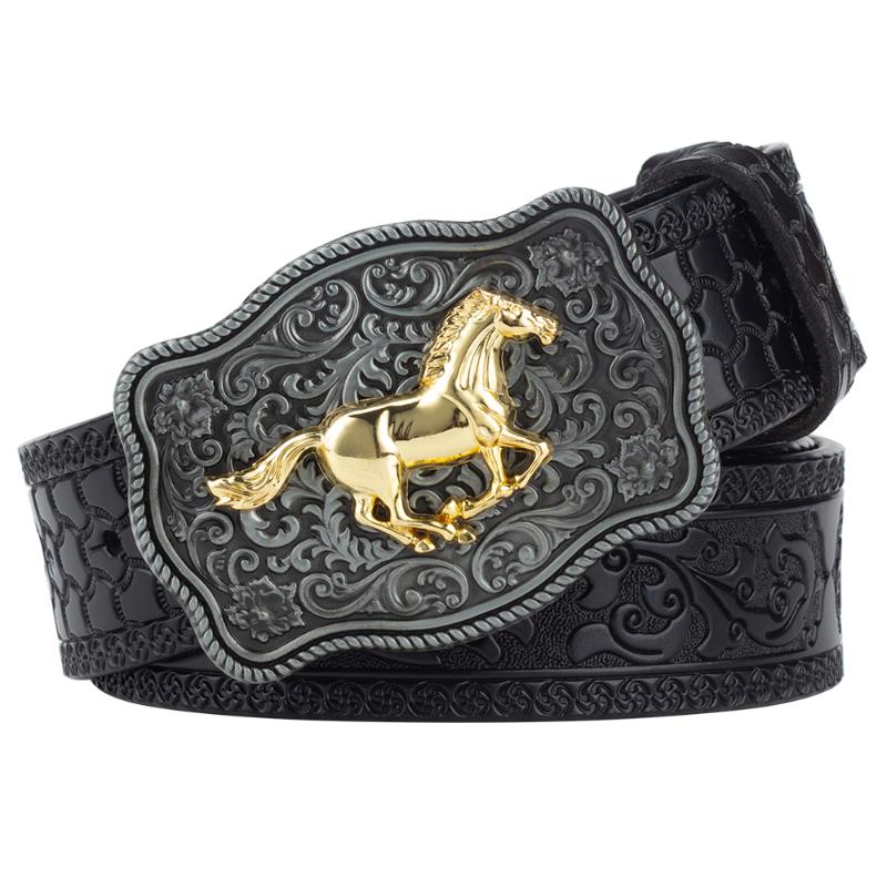 

Belts Horse Buckle Leather Embossing Belt For Men Fashion RetroBelts, Black