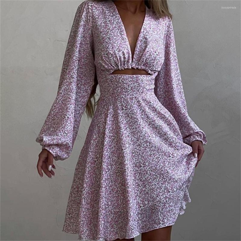

Casual Dresses Women' V-Neck Print Mini Dress Summer Sexy Bodycon Long Sleeve Hollow Out A-Line Vintage Slim High Waist Party Vestidos, Pink