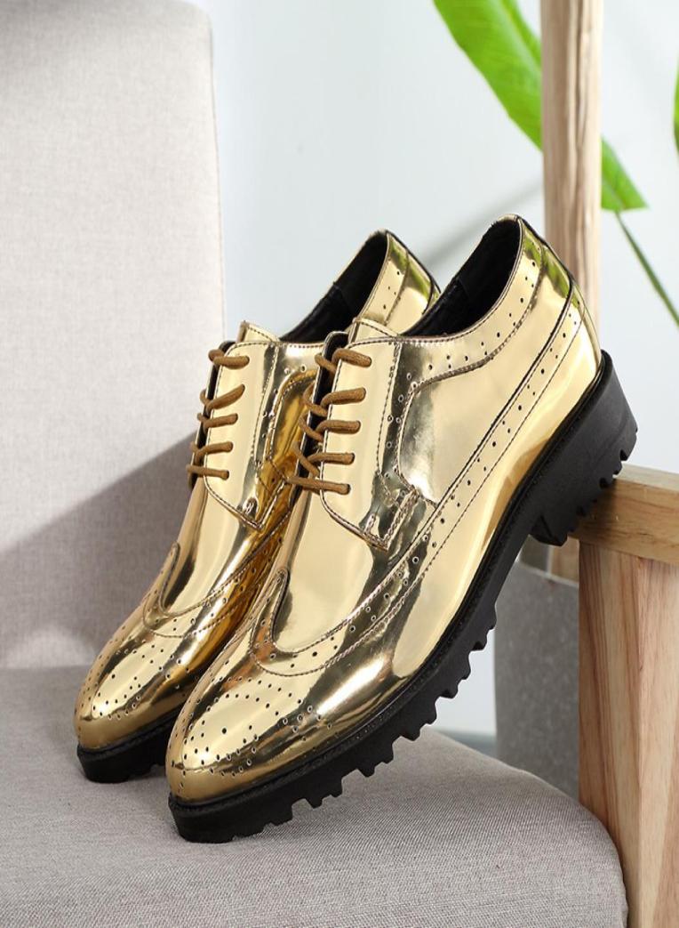 

Mens Leather Shoes New Tide Male Korean Version of the British Nightclub Leather Shoes Gold Silver Laceup Hair Stylist Leather Sh9685912, Red