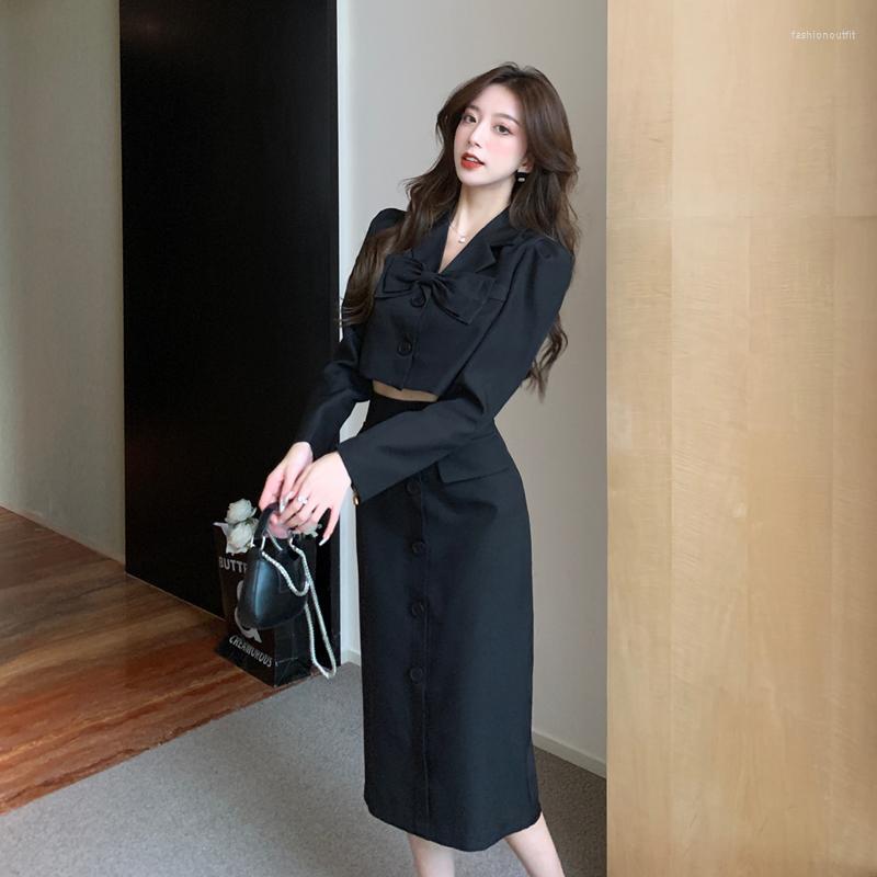 

Casual Dresses High Quality Spring 2023 Design Feeling Brim Hubble-bubble Sleeve Bowknot Suit Jacket In Long Skirts Suits Dress, Black