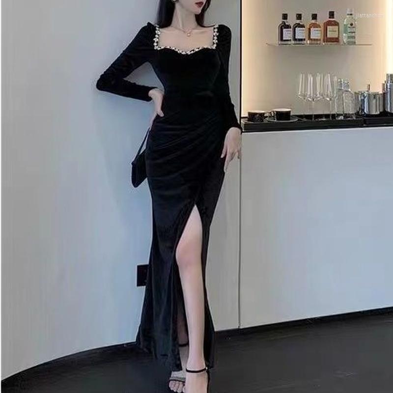 

Casual Dresses Square Neck Sparkling Velvet Slim High Waist Dress Spring Autumn 2023 Style Black Slit Long Women