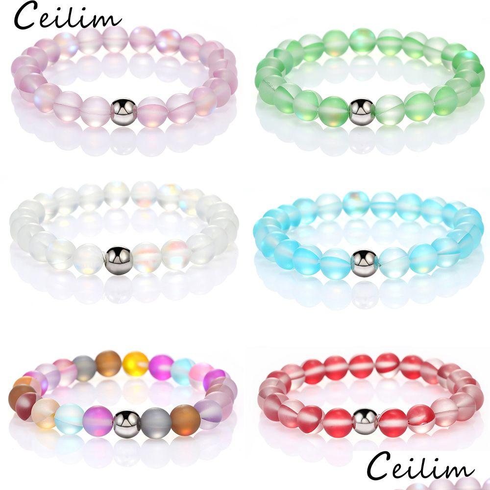 

Beaded Fashion Design Colorf Glass Crystal Natural Flash Stone Bead Bracelet For Women Men 8Mm Dl Polish Frosted Moonstone Elastic D Dhw1R