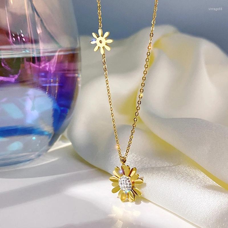 

Pendant Necklaces 316L Stainless Steel Fashion Jewelry Zircon Daisy Sun Flower Charms Chain Choker Pendants For Women