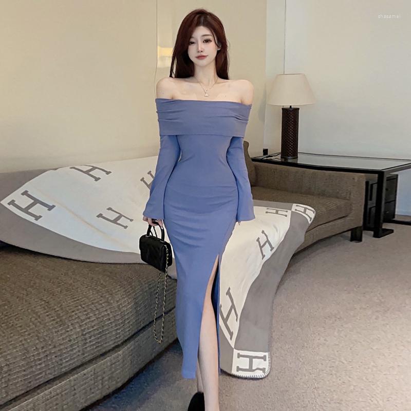 

Casual Dresses Spring Summer Sexy Off Shoulder Dress Women Long Sleeves High Waist Slim Side Split Slash Neck Party, Black