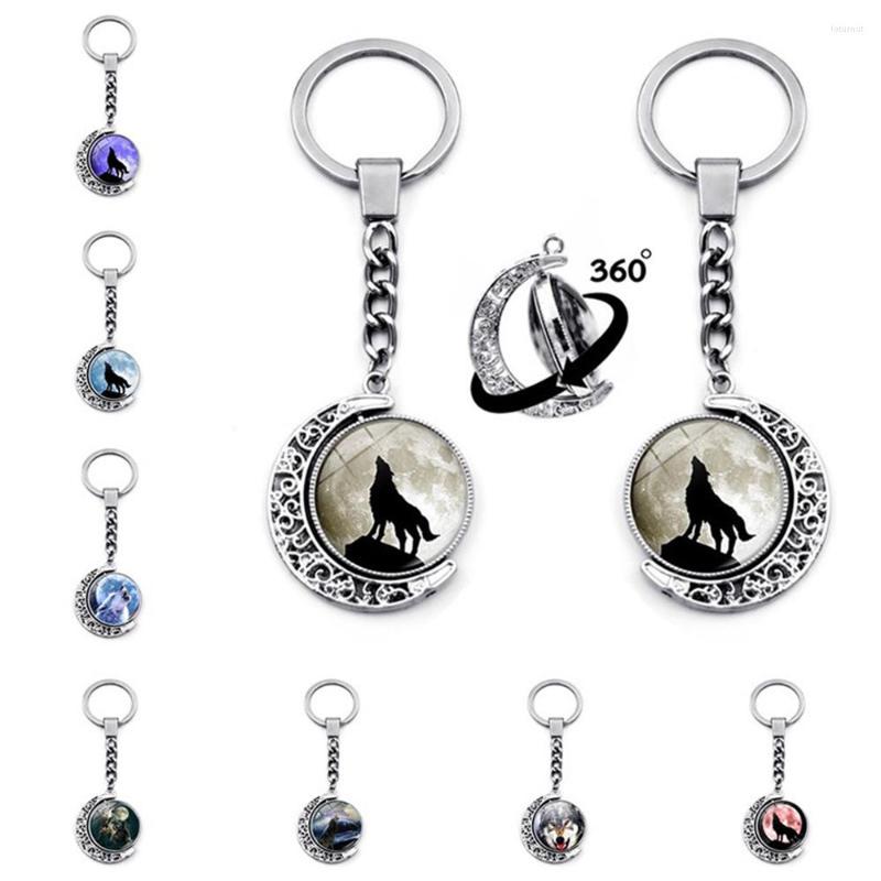 

Keychains Rotatable Glass Howling Wolf Moon Keychain Double-sided Wolfs Head Charms Key Chain Keyring Fashion Jewelry Car Gifts