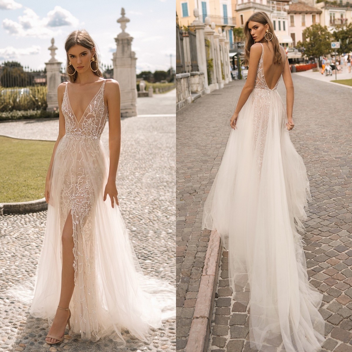 

Berta 2023 Beach Split Wedding Dresses V Neck Lace Appliqued Backless Bridal Gown Sleeveless Sweep Train Robe de mariee, White