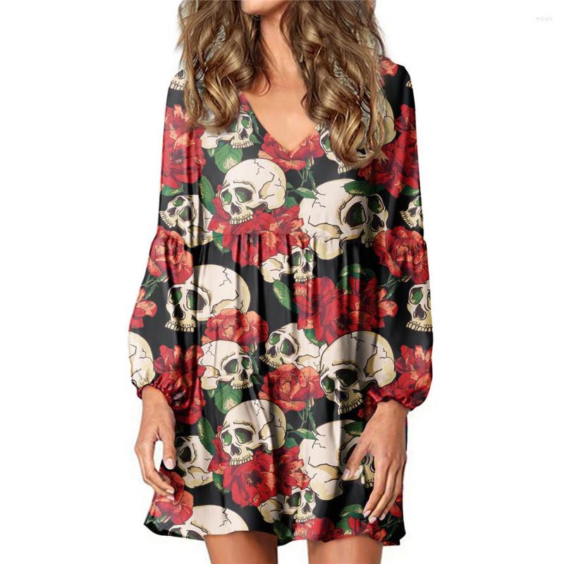 

Casual Dresses Noisydesigns Sugar Skull With Rose Flower Printing Vintage Women Long Lantern Sleeves Comfort Fitness Deep V-Neck Vestidos, Custom d44