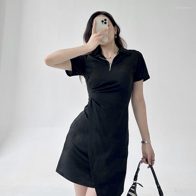 

Party Dresses Spring And Summer Fashion Casual Polo Neck Zipper Short Sleeve Waist Retraction Dress, Black
