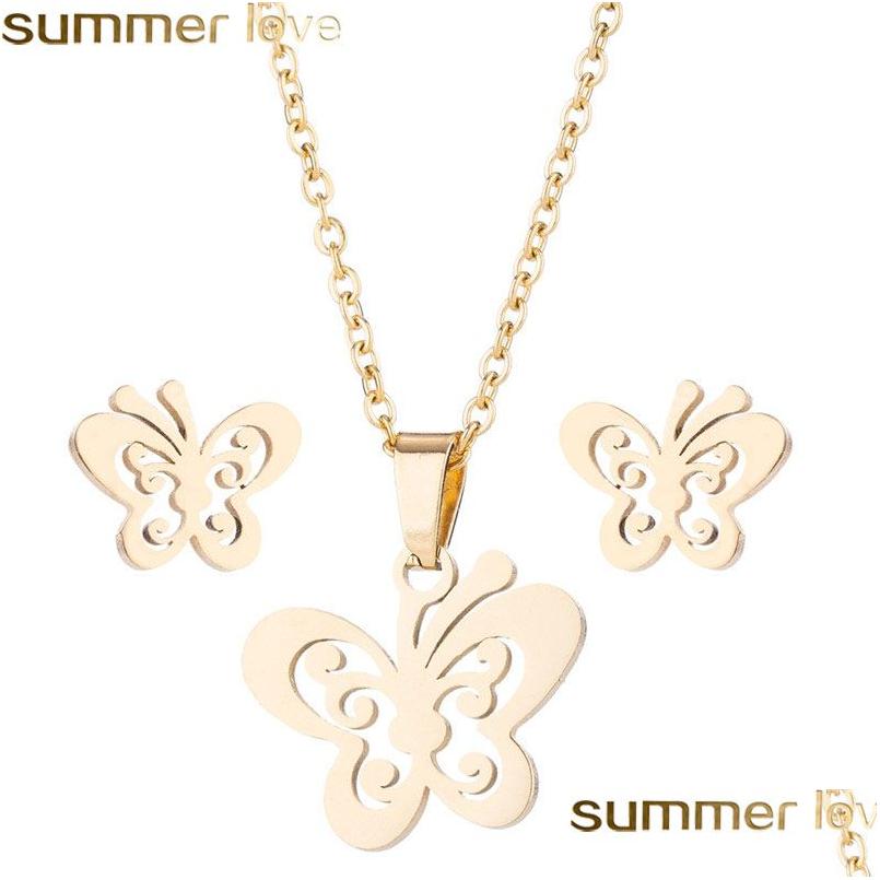 

Earrings Necklace Stainless Steel Butterfly For Women Jewelry Sets Animal Necklaces Pendants Cute Kids Gifts Drop Delivery Dheci, As picture