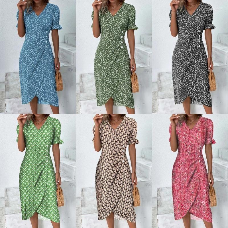 

Casual Dresses 2023 Summer Women's Elegant V -neck Printing Bubble Sleeves Irregularly Swing Skirt Dress, White
