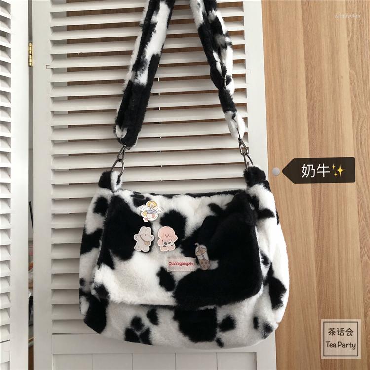 

Evening Bags Women Bag Shopper With Lamb Wool Cute Cow Pattern Like Fabric Shoulder Canvas Handbag Tote Large Capacity For Girls, Brown cow