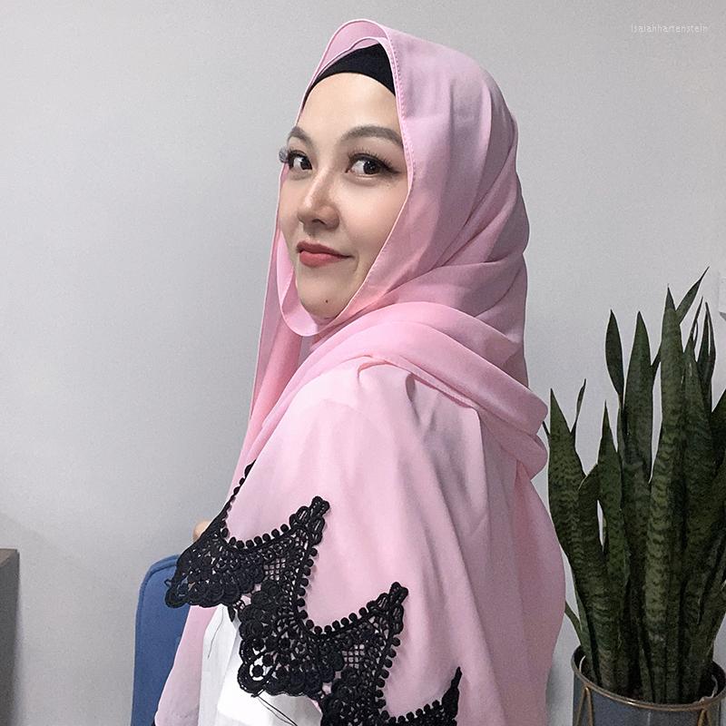 

Scarves Bubble Heavy Chiffon Wrap With Black Embroidered Lace Shawls Solider Color Headband Muslim Hijabs Scarves/Scarf