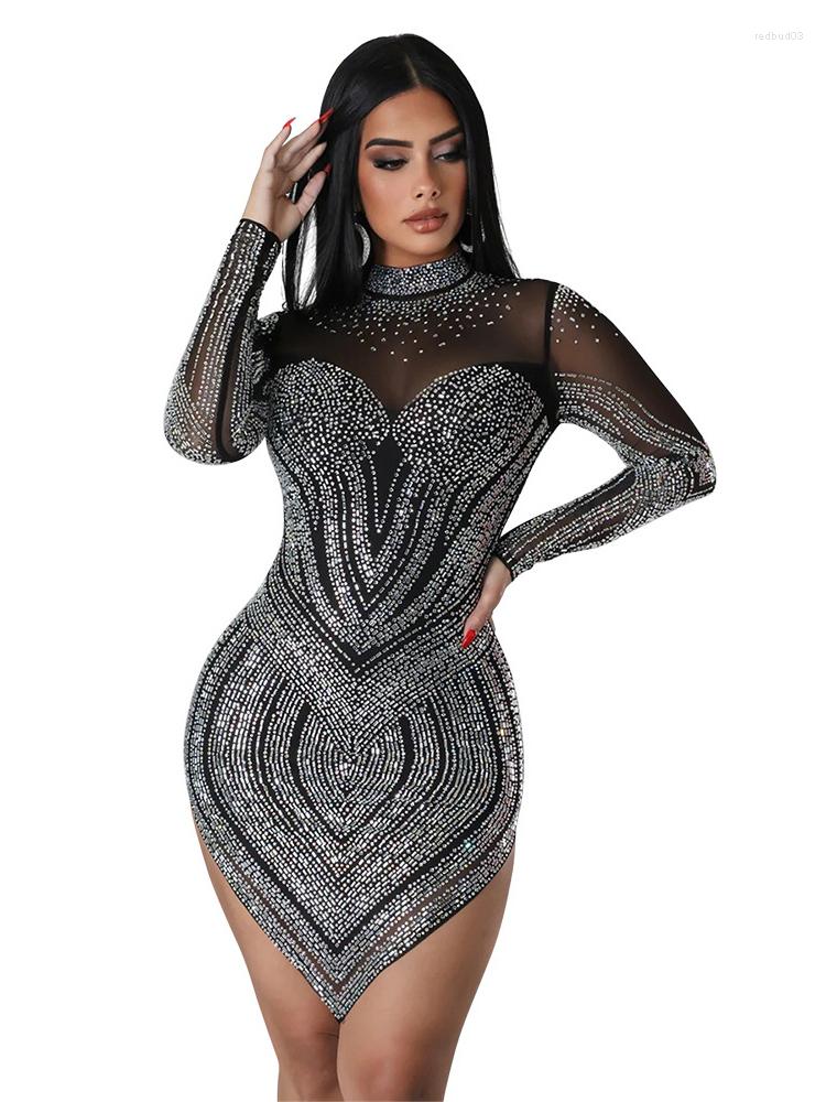 

Casual Dresses Szkzk Mesh Sheer Rhinestone Party Prom Short Women Night Club Outfits Wedding Evening Sexy Bodycon Asymmetrical, Black