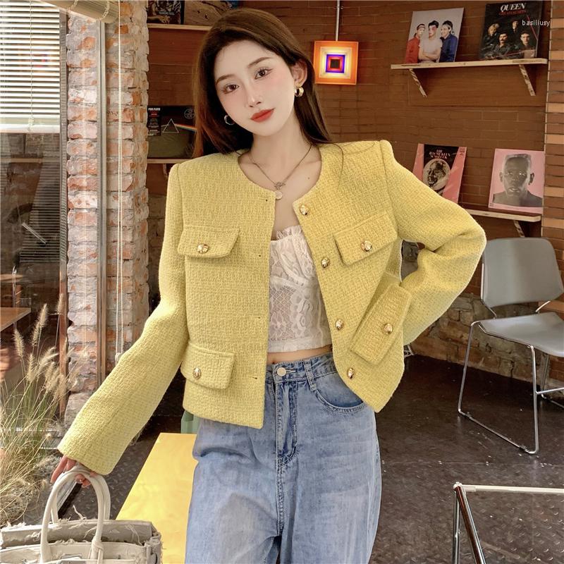 

Women's Jackets Elegant Ladies Women Jacket 2023 Autumn Winter Full Sleeve Single-breasted O-neck Pockets Coat Solid Chic Stylish Female, Yellow