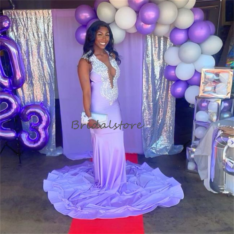 

New Lilac Mermaid Evening Dress With Beaded Black Girls Formal Occasion Party Dresses 2023 Open Back Tight Women Prom Pageant Vestidos De Noche Aso Ebi African Wear, Ivory