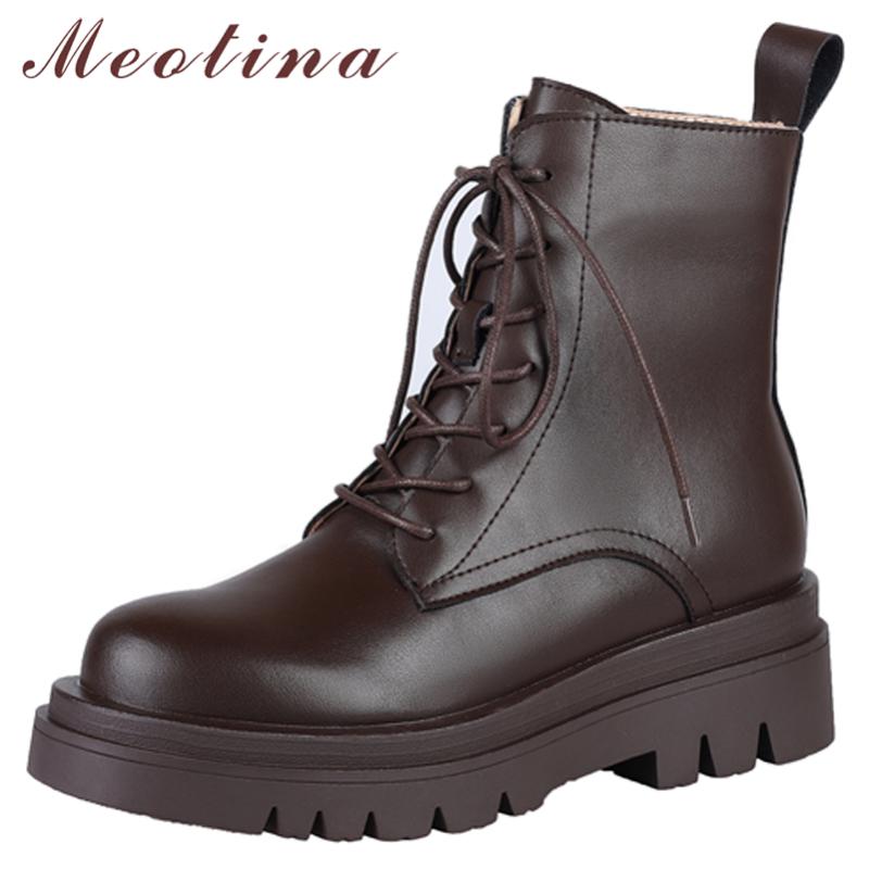 

Boots Meotina Women Genuine Leather Ankle Thick High Heel Lace Up Motorcycle Round Toe Ladies Footwear Autumn Winter Brown, White without fur