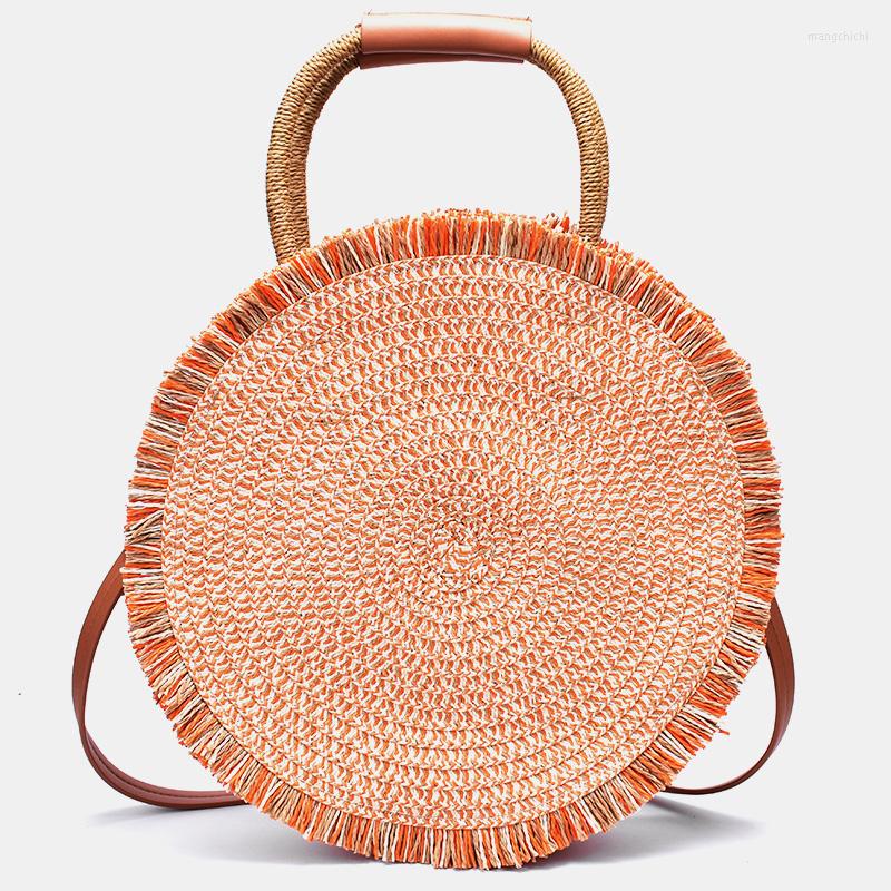 

Evening Bags Color Leather Handle Shoulder Bag Ins Retro Casual Portable Round Straw Hand-woven, Orange
