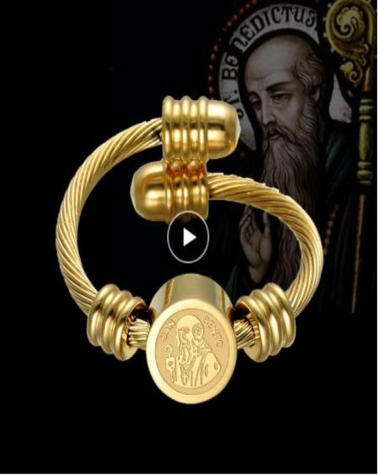 

Engraved Catholic San Benito Wire Ring Gold Color Stainless Steel Rings For Women Religious Jewelry1036913