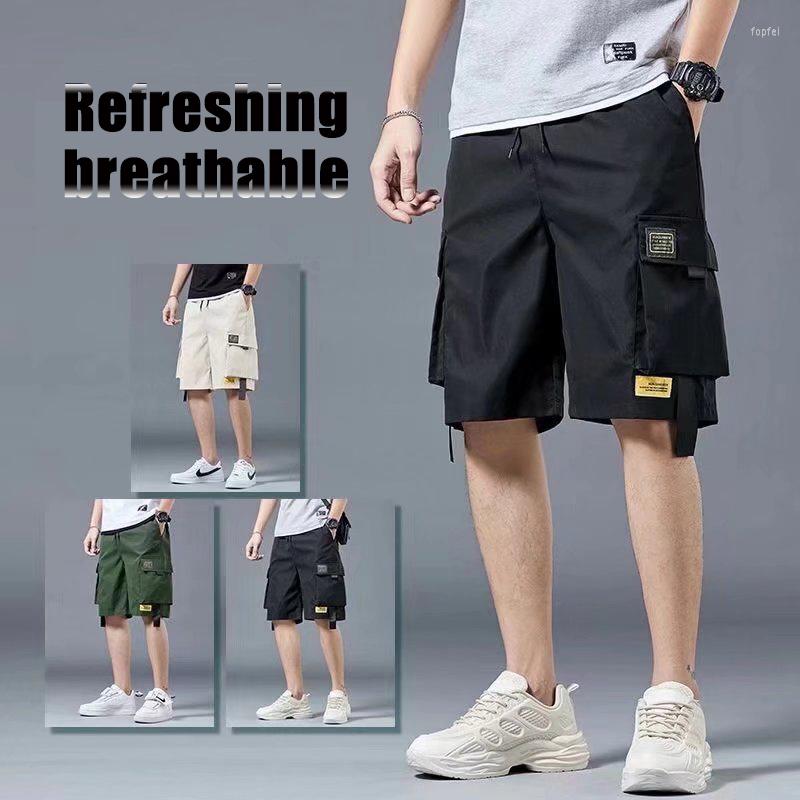 

Men's Shorts Men Cargo Tactical Joggers Work Casual Pants Male Multi Pockets Buttons Loose Wide Leg Knee Length Summer, Khaki-1