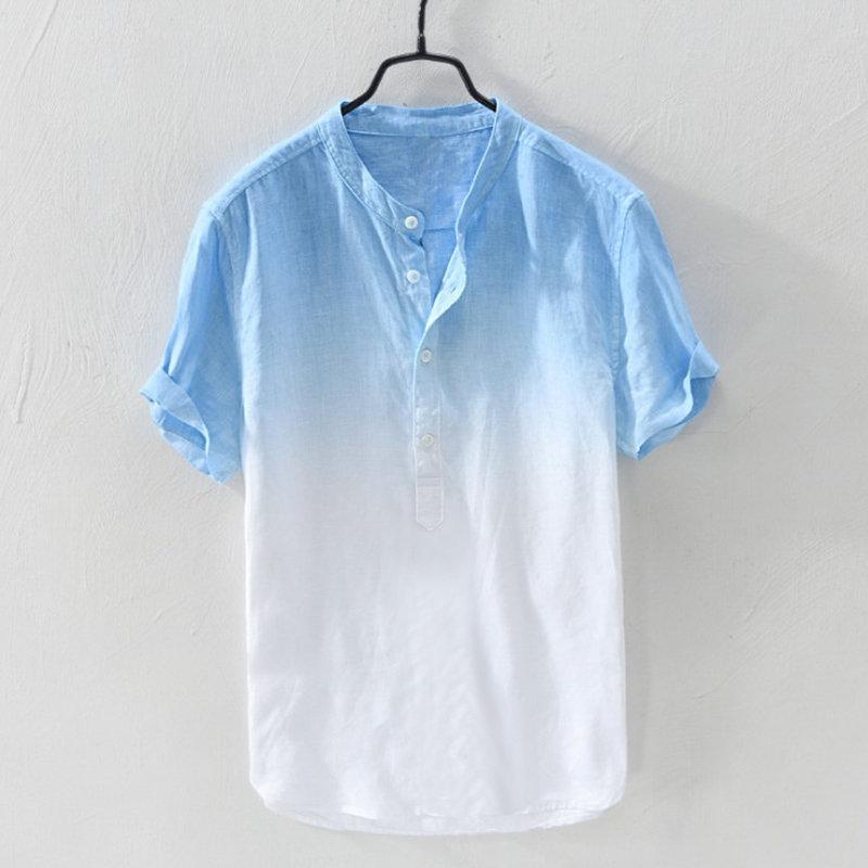 

Men's Casual Shirts Cotton And Linen Shirt Short Sleeve Cool Thin Breathable Youth Stand Collar Ready-to-Wear Hanging Dyed Gradient Color, Dark blue