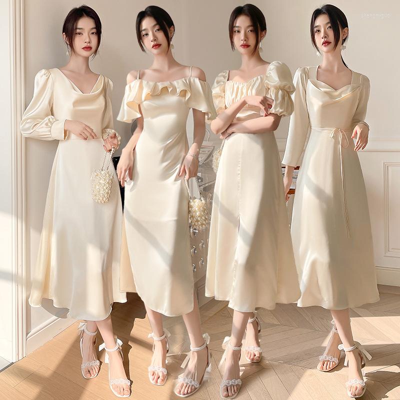 

Casual Dresses Elegant Bridesmaid Dress For Women Clothing Vestidos Fashion Sexy Solid V-neck Long Sleeve Lace-up Women's Wedding Party