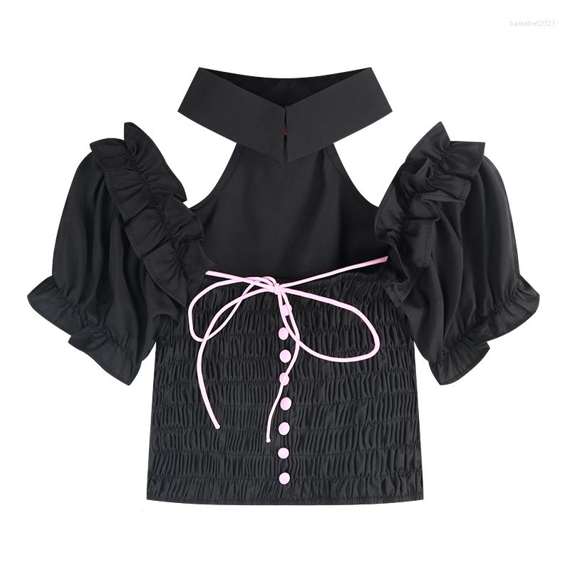 

Women's Blouses Summer Square Neck Lace Up Bubble Sleeve Shirt, Black