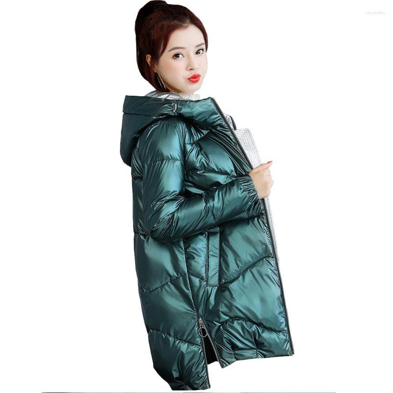 

Women's Trench Coats Long Parka Women Shiny Jacket Female Hooded Bright Skin Quilted Winter Coat, Black