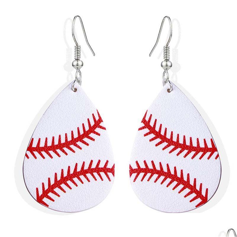 

Charm New Design Waterdrop Leather Earrings Sport Baseball Basketball Football Volleyball Pu Drop Printing Dangle Earring Mticolor D Dhtkb