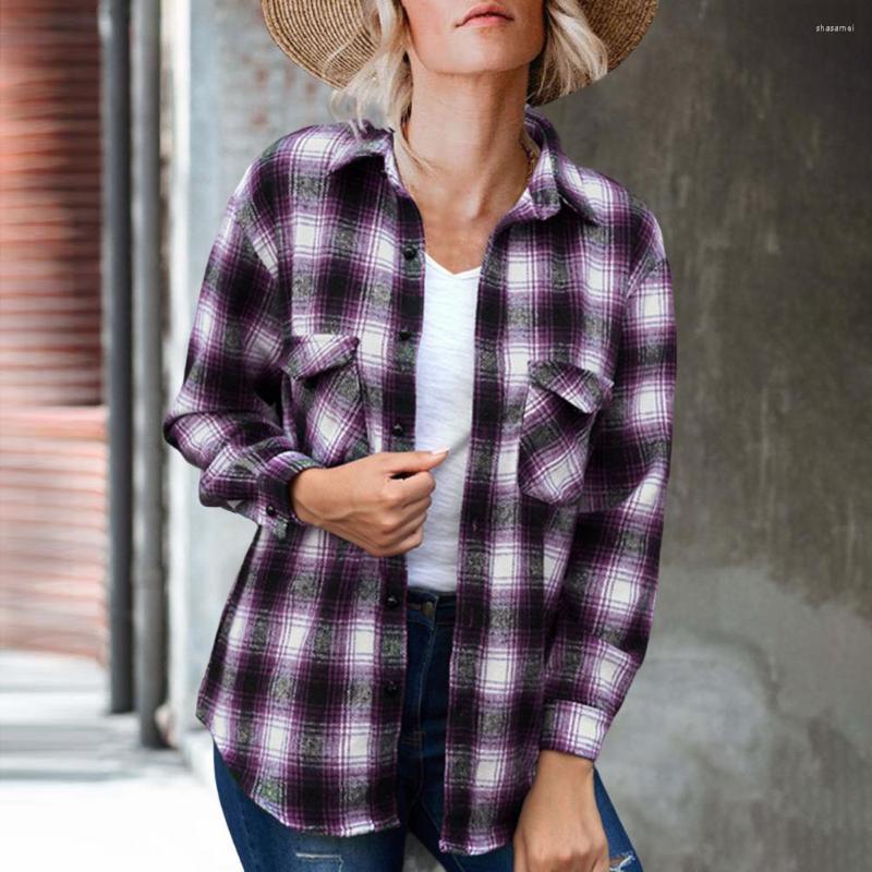 

Women's Blouses Fashion Elegant Office Ladies Plaid Shirt Coat Warm Button Cuffs, Dark blue